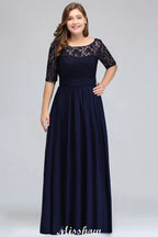 Robe de soirée longue évasée en dentelle florale grande taille à manches mi-longues pour fête
