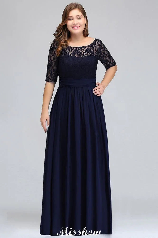 Robe de soirée longue évasée en dentelle florale grande taille à manches mi-longues pour fête