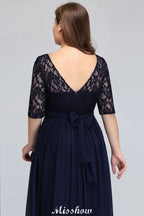 Robe de soirée longue évasée en dentelle florale grande taille à manches mi-longues pour fête