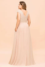 Großgrößiges Spitzenkleid mit Perlen in Rosa für Brautjungfern, kurze Ärmel, Seitenschlitz, Hochzeitsfestkleid