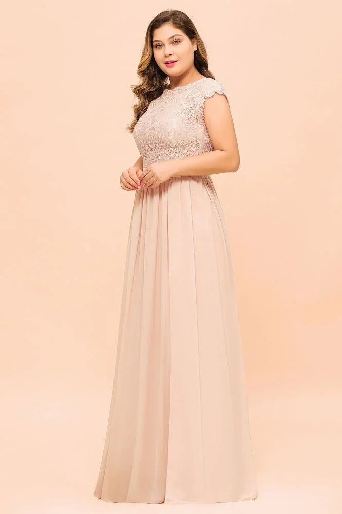 Großgrößiges Spitzenkleid mit Perlen in Rosa für Brautjungfern, kurze Ärmel, Seitenschlitz, Hochzeitsfestkleid