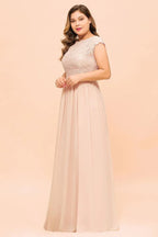 Großgrößiges Spitzenkleid mit Perlen in Rosa für Brautjungfern, kurze Ärmel, Seitenschlitz, Hochzeitsfestkleid