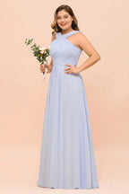Großformat Lavendel Brautjungfernkleid mit Neckholder bodenlanges Hochzeitsgastkleid