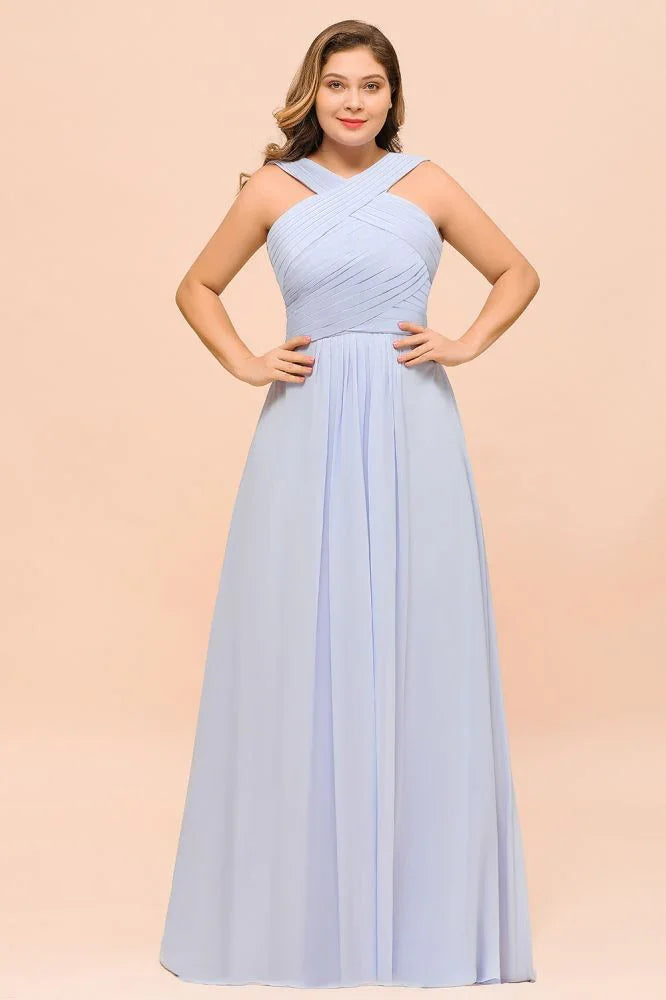 Großformat Lavendel Brautjungfernkleid mit Neckholder bodenlanges Hochzeitsgastkleid