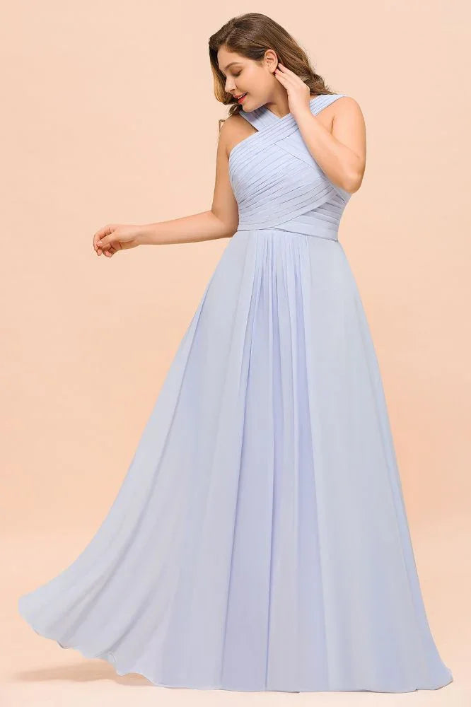 Großformat Lavendel Brautjungfernkleid mit Neckholder bodenlanges Hochzeitsgastkleid