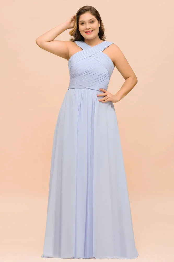 Großformat Lavendel Brautjungfernkleid mit Neckholder bodenlanges Hochzeitsgastkleid