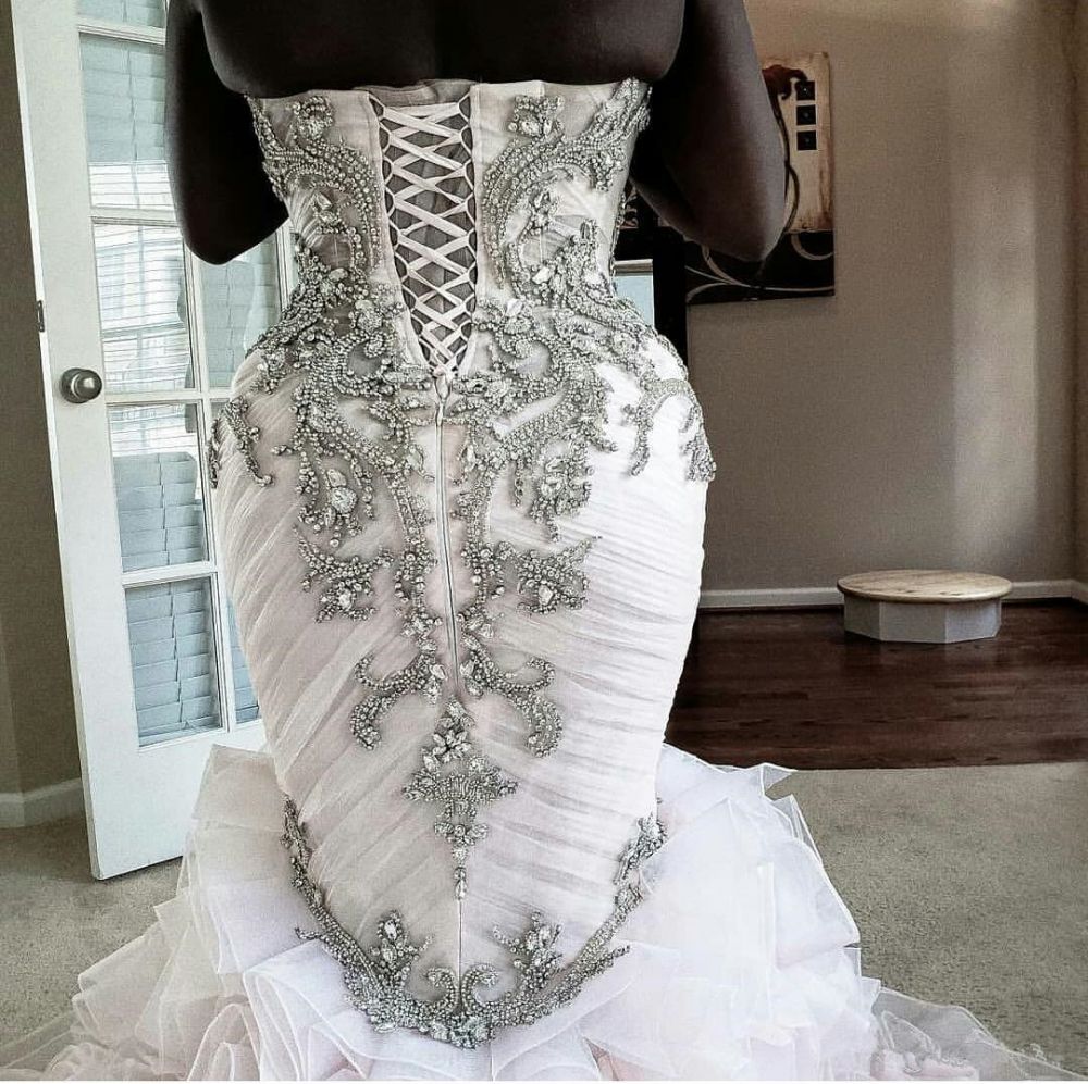 Plus Size Mermaid Crystal Lace Beads Sweetheart Long Train African Custom Made Ruffless Wedding Dress