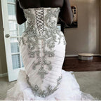 Plus Size Mermaid Crystal Lace Beads Sweetheart Long Train African Custom Made Ruffless Wedding Dress