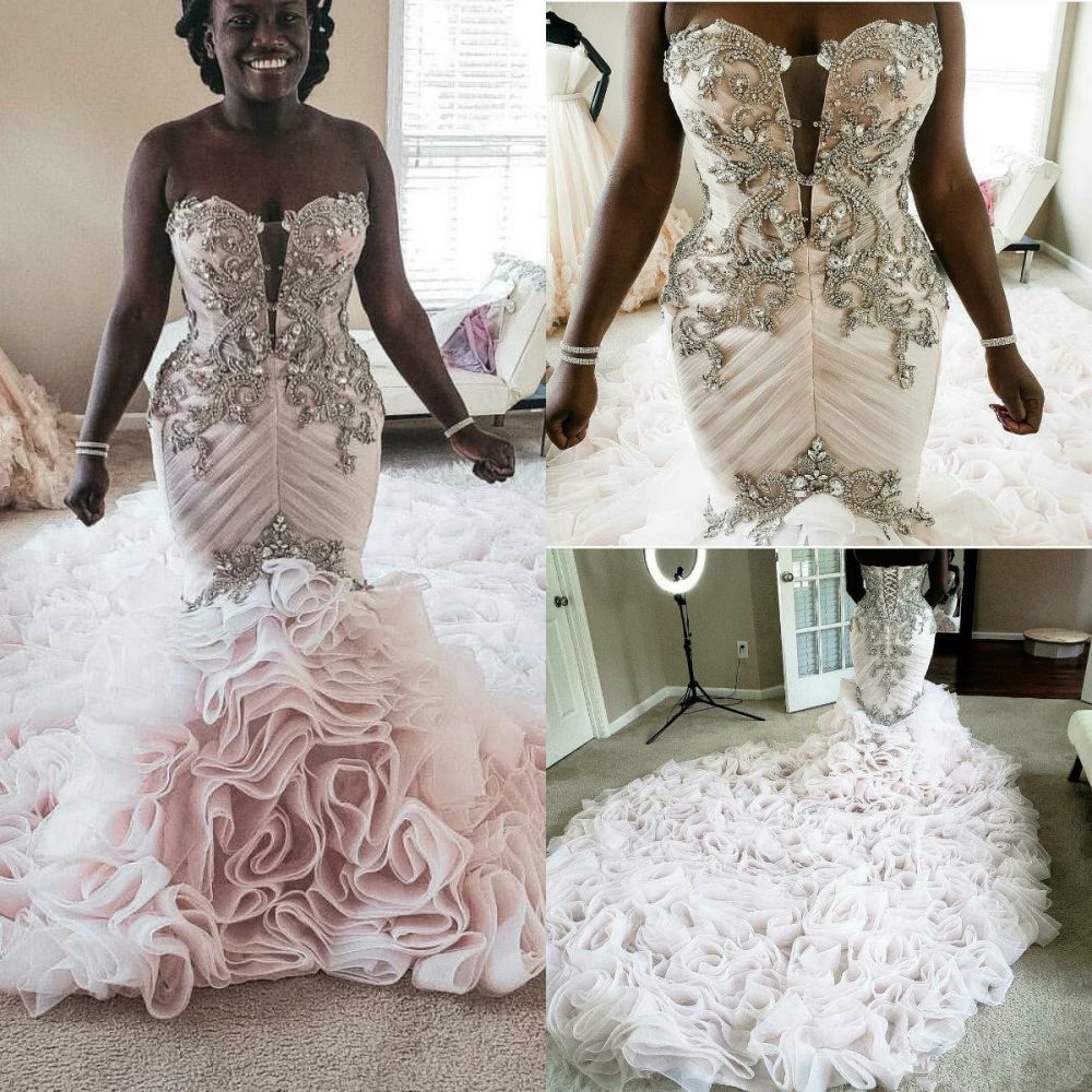 Plus Size Mermaid Crystal Lace Beads Sweetheart Long Train African Custom Made Ruffless Wedding Dress