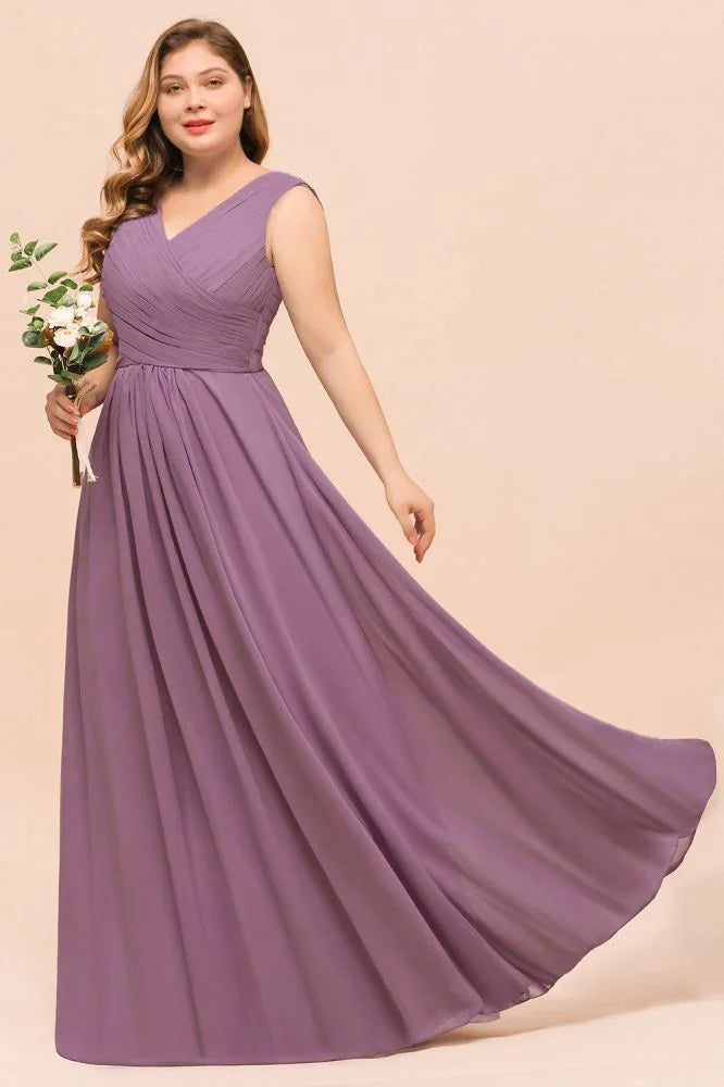 Plus Size Purple Bridesmaid Dress Maxi Chiffon Wedding Guest Dress