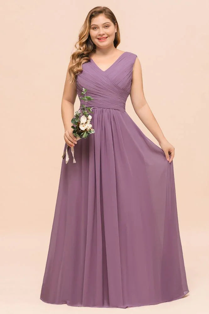 Plus Size Purple Bridesmaid Dress Maxi Chiffon Wedding Guest Dress