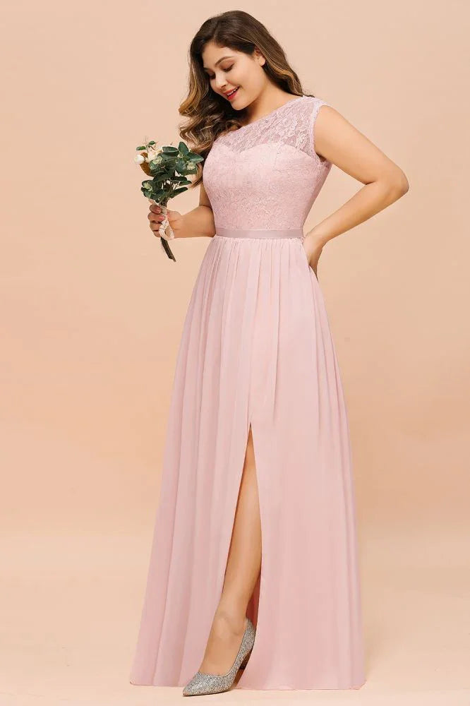Vestido de Dama de Honra Sem Mangas Plus Size, Corte em A, Comprido com Fenda Lateral para Festa de Casamento