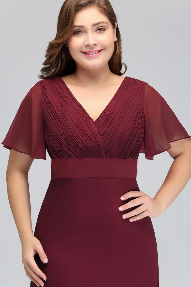 Plus size V-neck Mermaid Floor Length Short Sleeves Burgundy Evening Dresses with Sash
