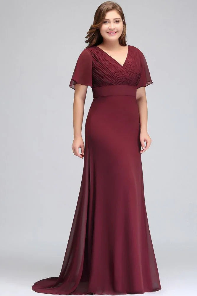 Plus size V-neck Mermaid Floor Length Short Sleeves Burgundy Evening Dresses with Sash