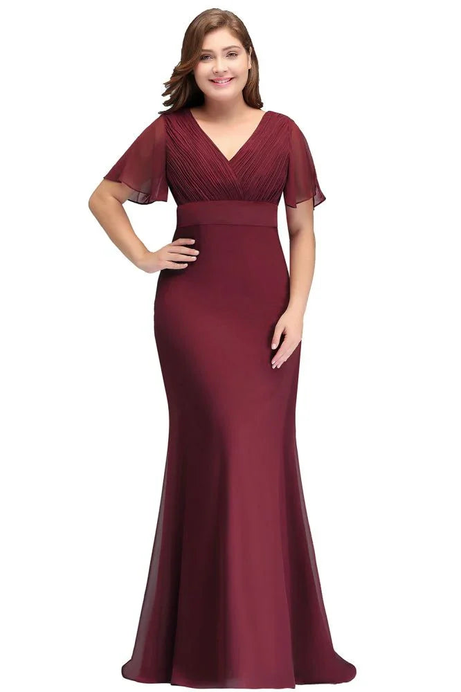 Plus size V-neck Mermaid Floor Length Short Sleeves Burgundy Evening Dresses with Sash