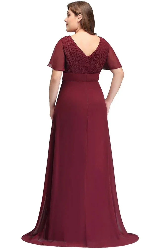 Plus size V-neck Mermaid Floor Length Short Sleeves Burgundy Evening Dresses with Sash