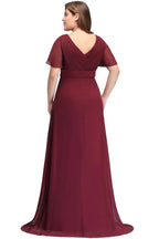Plus size V-neck Mermaid Floor Length Short Sleeves Burgundy Evening Dresses with Sash