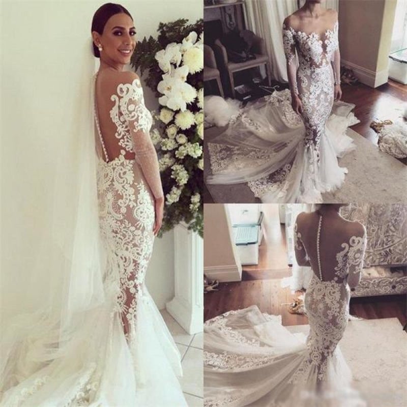 Vestidos de Noiva Elegantes em Tule Transparente com Aplicações de Renda de Sereia Bonita e Mangas Compridas