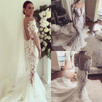 Vestidos de Noiva Elegantes em Tule Transparente com Aplicações de Renda de Sereia Bonita e Mangas Compridas