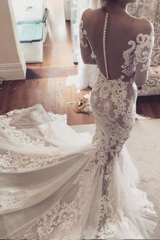 Vestidos de Noiva Elegantes em Tule Transparente com Aplicações de Renda de Sereia Bonita e Mangas Compridas