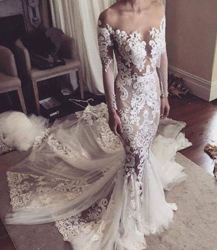 Vestidos de Noiva Elegantes em Tule Transparente com Aplicações de Renda de Sereia Bonita e Mangas Compridas