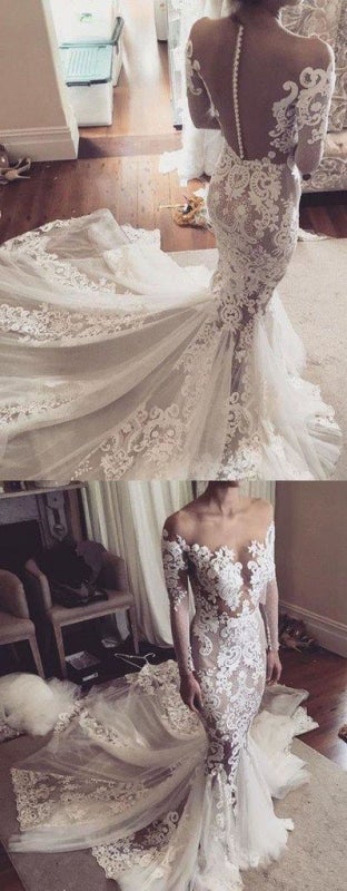 Vestidos de Noiva Elegantes em Tule Transparente com Aplicações de Renda de Sereia Bonita e Mangas Compridas