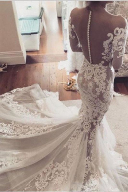 Vestidos de Noiva Elegantes em Tule Transparente com Aplicações de Renda de Sereia Bonita e Mangas Compridas