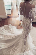 Vestidos de Noiva Elegantes em Tule Transparente com Aplicações de Renda de Sereia Bonita e Mangas Compridas