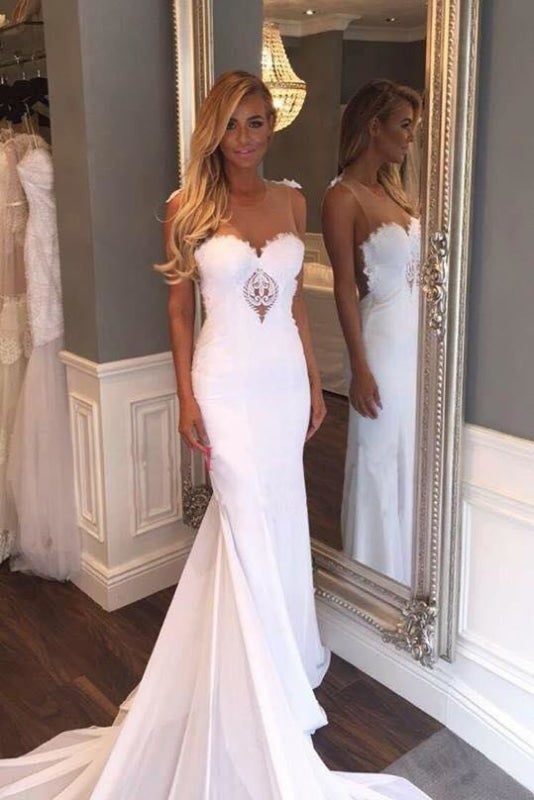 Hübsches Etuikleid Ärmellos Langes Strandkleid mit Spitze Elegante Brautkleider
