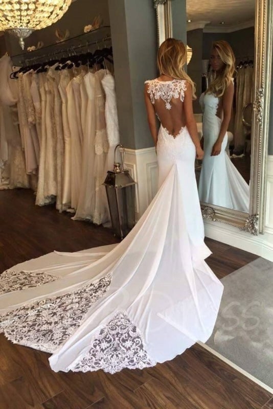 Hübsches Etuikleid Ärmellos Langes Strandkleid mit Spitze Elegante Brautkleider