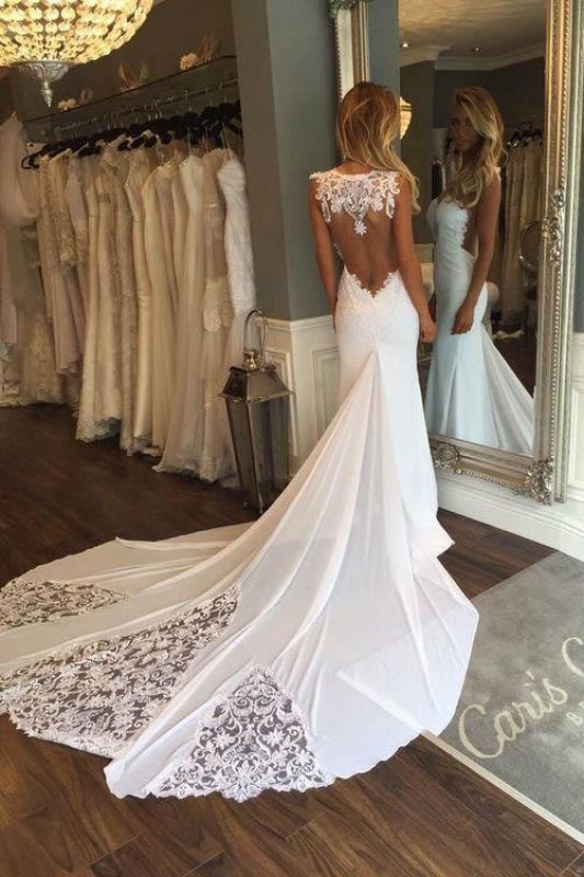 Hübsches Etuikleid Ärmellos Langes Strandkleid mit Spitze Elegante Brautkleider
