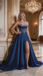 Navy Blue Strapless Corset Gown With Beaded Bodice And High Slit Train