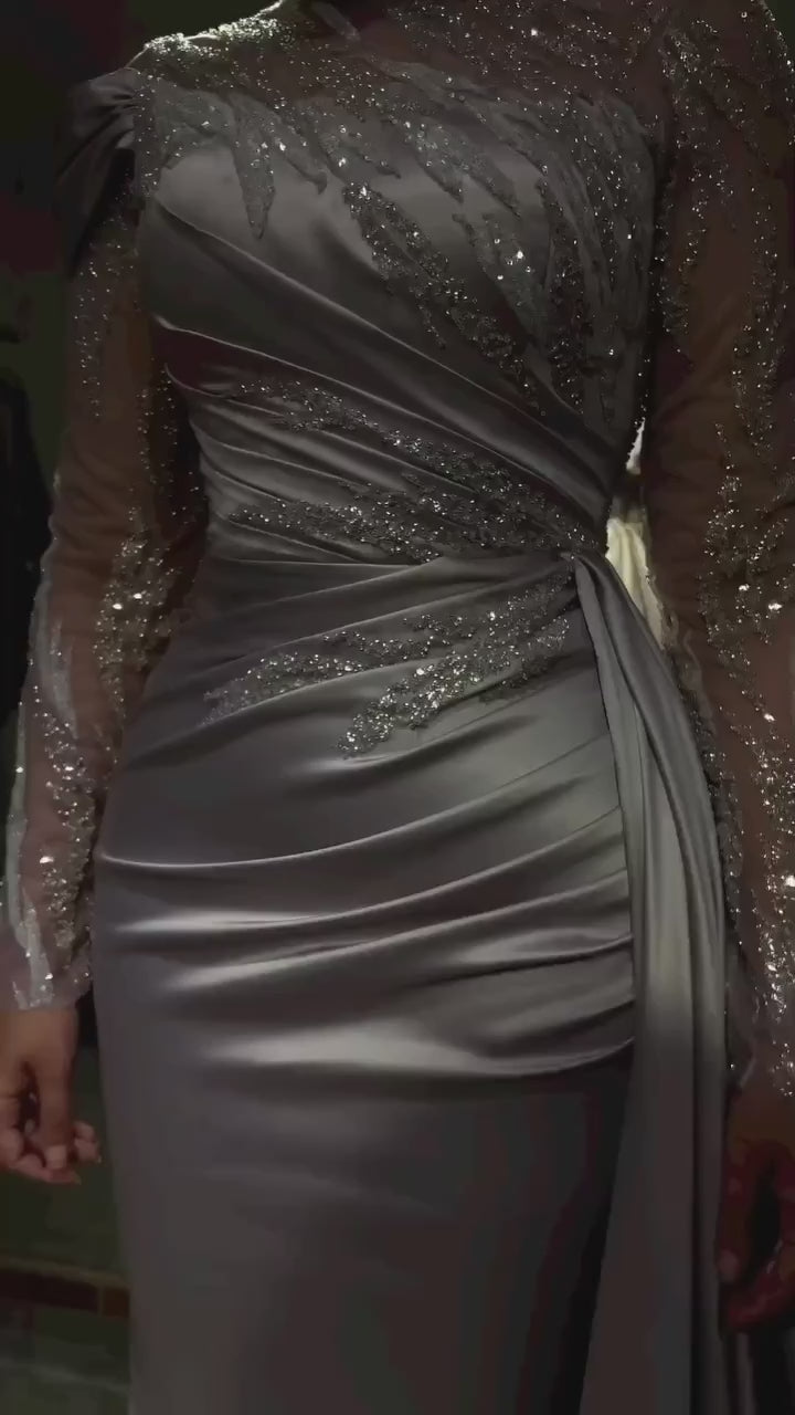 Vestido de Noite Elegante com Mangas Compridas Sereia Vestido de Gala Y6717