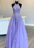 Prinzessin Neckholder Langes/Bodenlanges Spitzentüll-Ballkleid mit Perlenapplikation