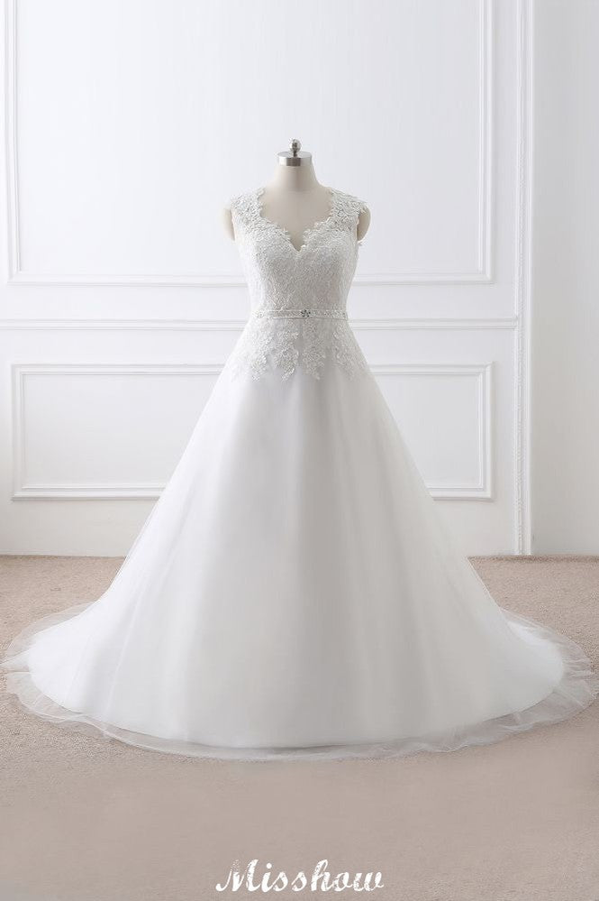 Robe de mariée élégante en tulle à col en V avec dentelle princesse