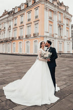 Robes de mariée longues blanches princesse en ligne A avec manches longues