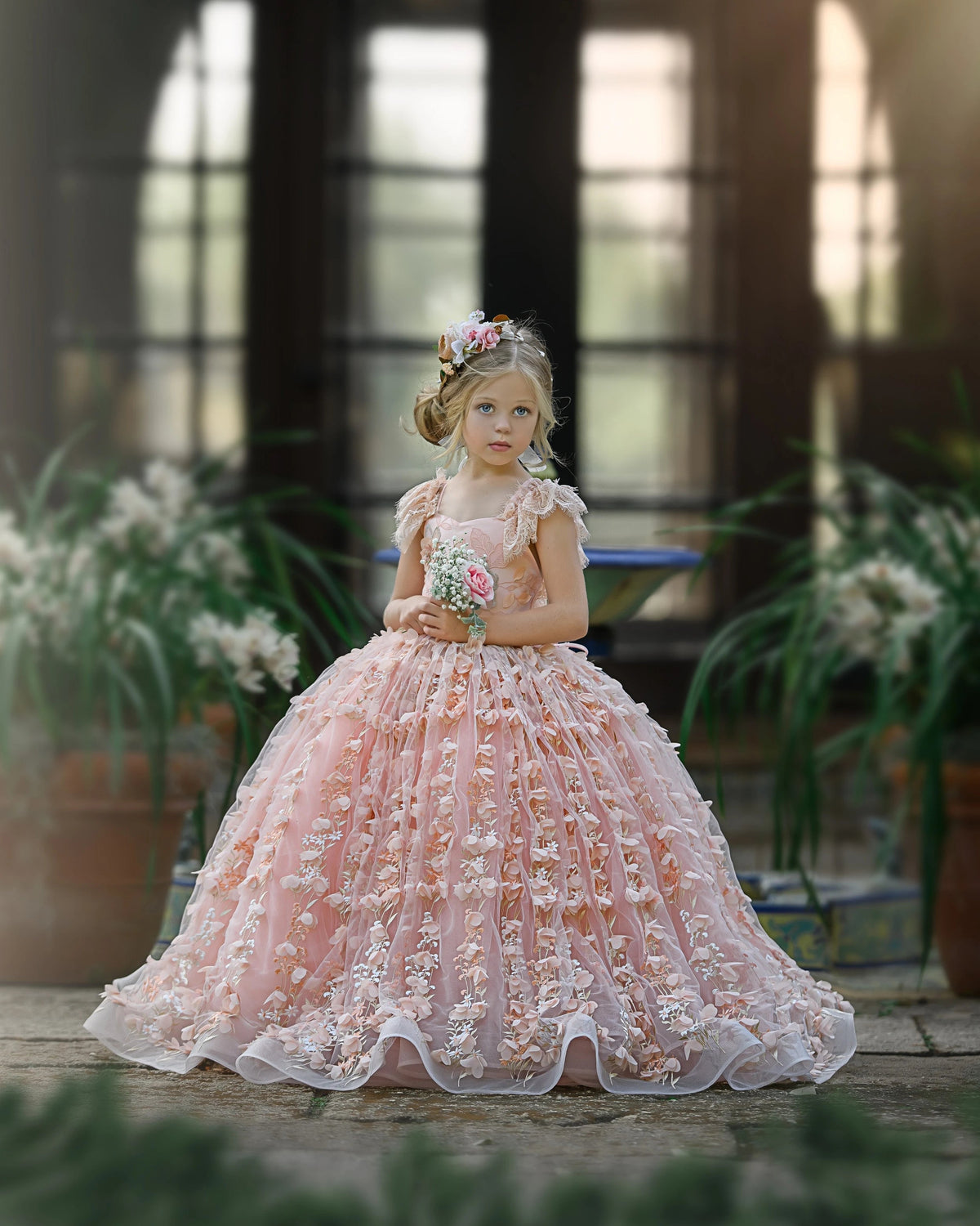 Princess Pink Lace Flower Girls Dress With Cap Sleeves
