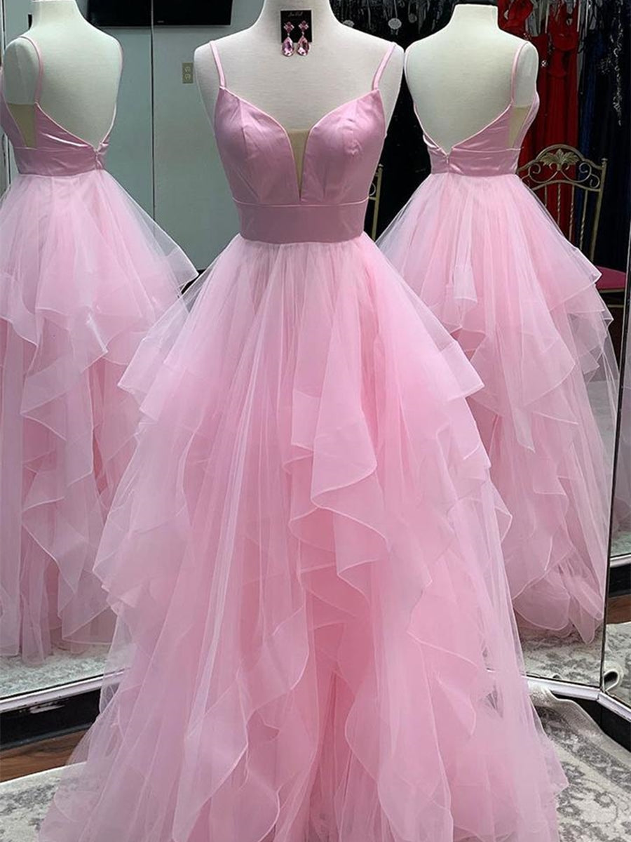 Robe de bal longue en tulle duveteux à dos nu et col en V Princess, robe de soirée formelle à dos nu