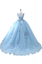 Princess V Neck Chapel Train Chiffon Sky Blue Prom Dresses With Butterfly Applique