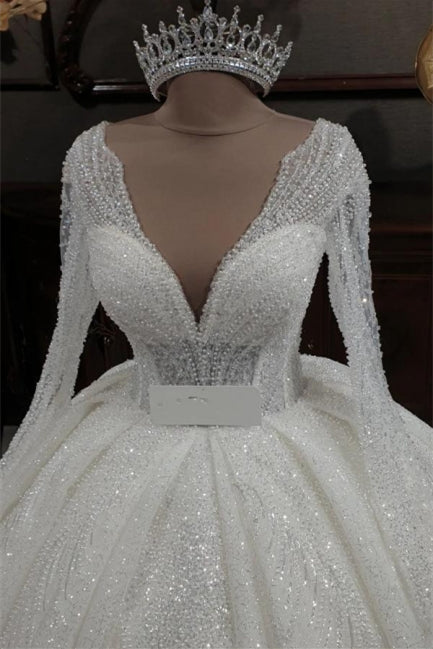 Vestidos de novia princesa con escote en V, purpurina, corte A y mangas