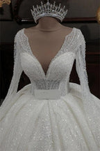 Vestidos de novia princesa con escote en V, purpurina, corte A y mangas