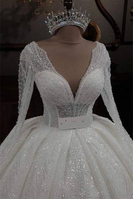 Vestidos de novia princesa con escote en V, purpurina, corte A y mangas