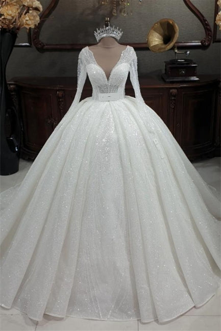 Vestidos de novia princesa con escote en V, purpurina, corte A y mangas