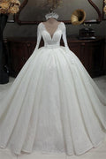 Vestidos de novia princesa con escote en V, purpurina, corte A y mangas