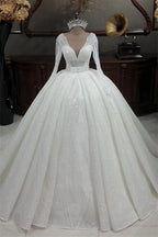 Vestidos de novia princesa con escote en V, purpurina, corte A y mangas