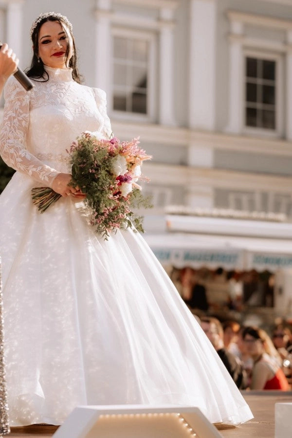 Princess White High Neck Long Sleeves Ball Gown Wedding Dress With Appliques