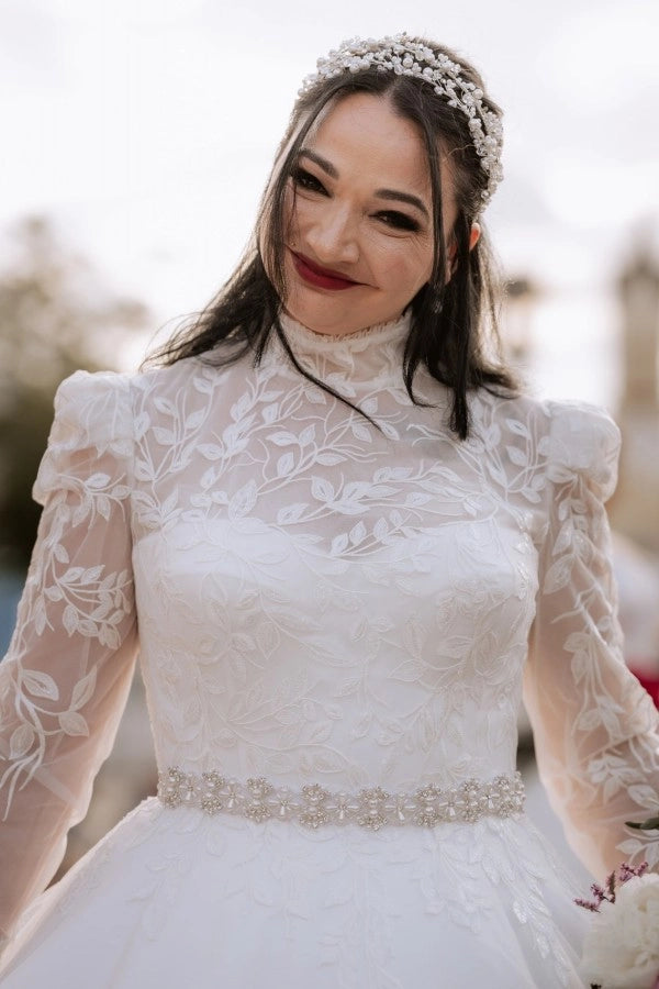 Princess White High Neck Long Sleeves Ball Gown Wedding Dress With Appliques