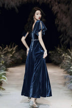Blue evening dress custom made elegant dress sexy prom dress velvet dress custom made Y1172