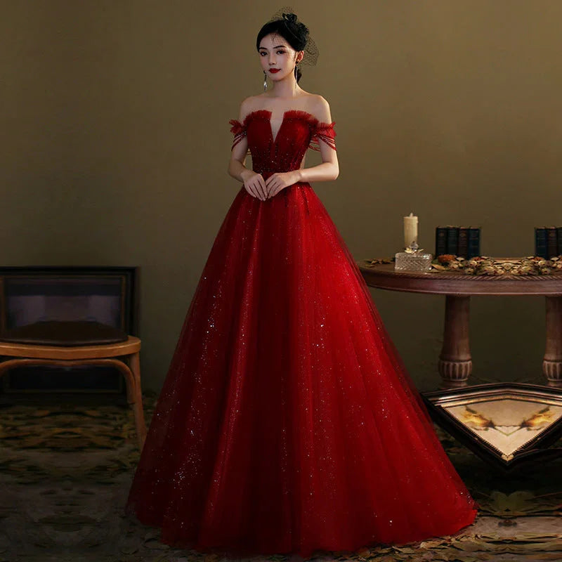 Red tulle sequins long prom dress red evening gown Y1179