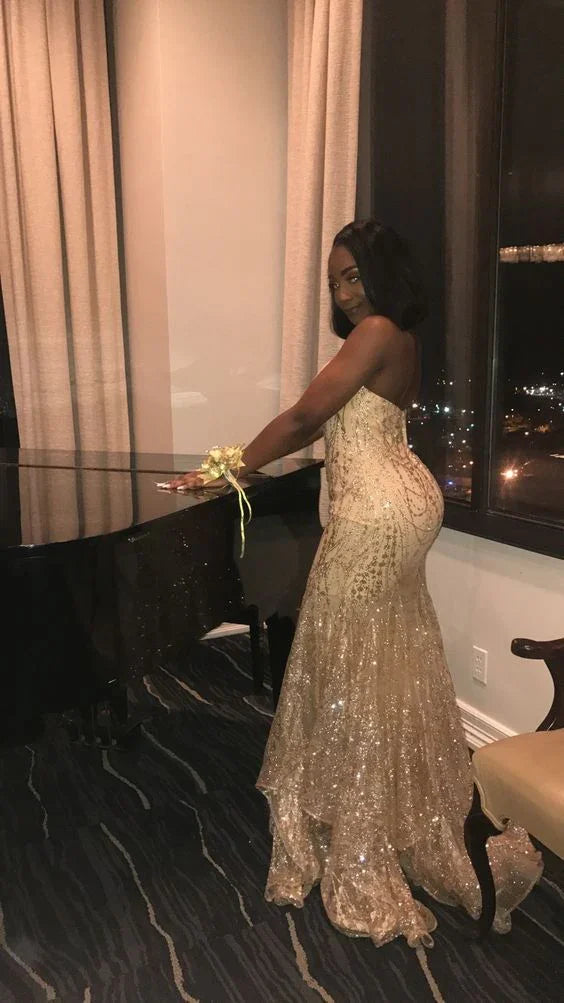 Glitzernde Meerjungfrau Ärmelloses Abendkleid, Atemberaubendes Abendkleid für Schwarze Mädchen Y1175
